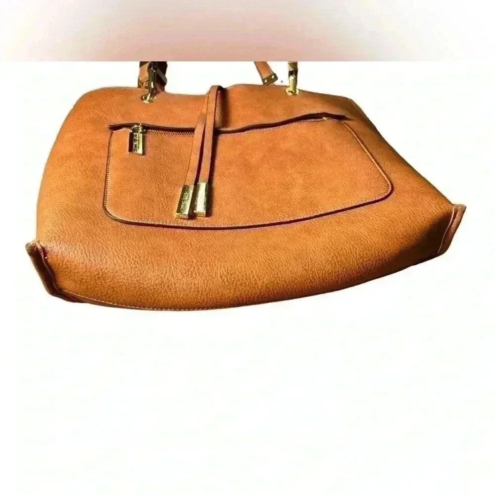 Steve Madden Brown Faux Leather Tote Bag Large Shoulder Purse Gold Hardware - Picture 14 of 15